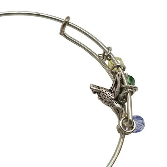 Multicolor Glass Beads Hummingbird Charm Bangle Bracelet Silver Tone Vintage - Picture 3 of 5